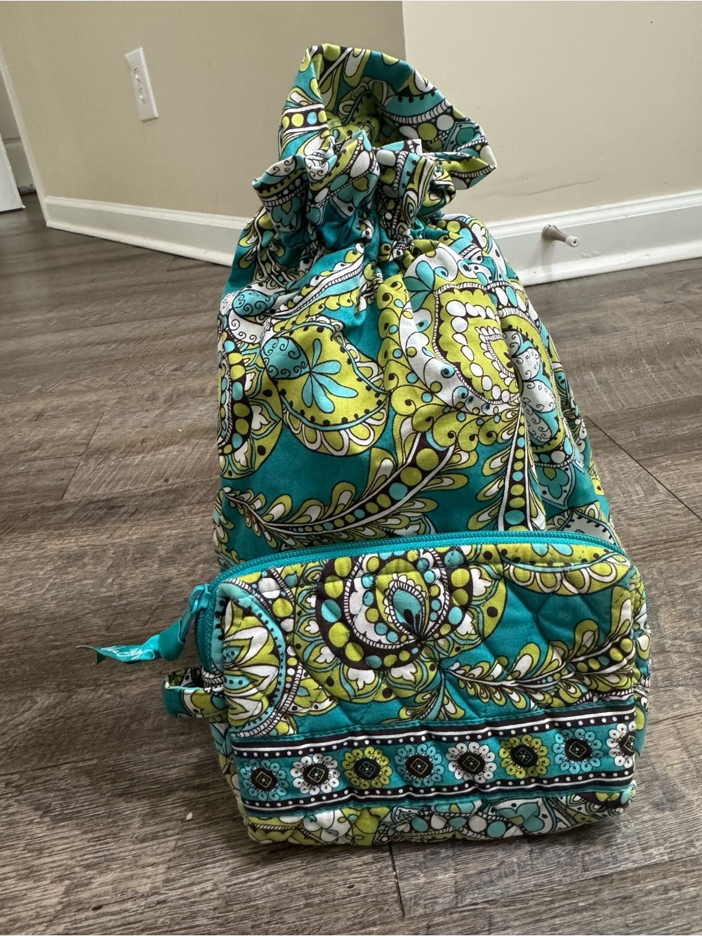 Vera Bradley Quilted Teal & Lime Paisley Drawstring Backpack